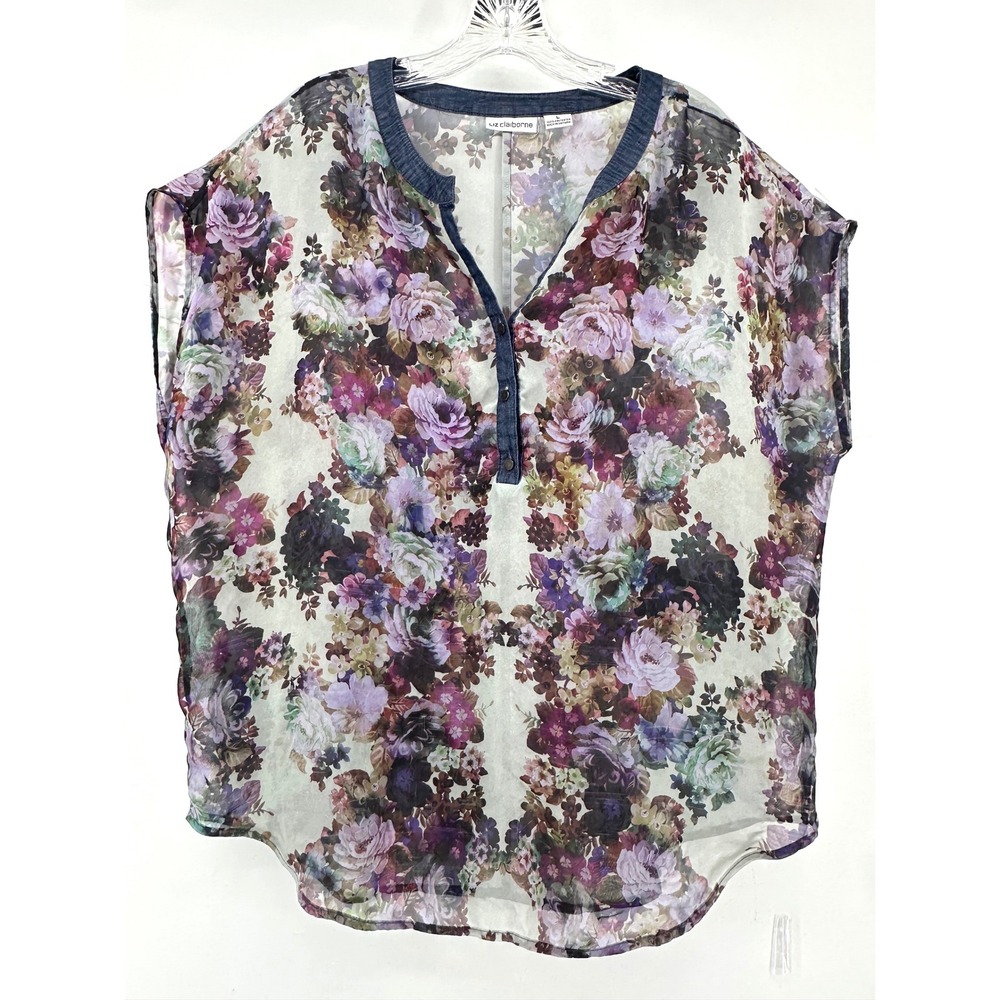 Liz Claiborne Womens Floral Sheer Blouse Purple Green Denim Trim Size‎ L Dainty